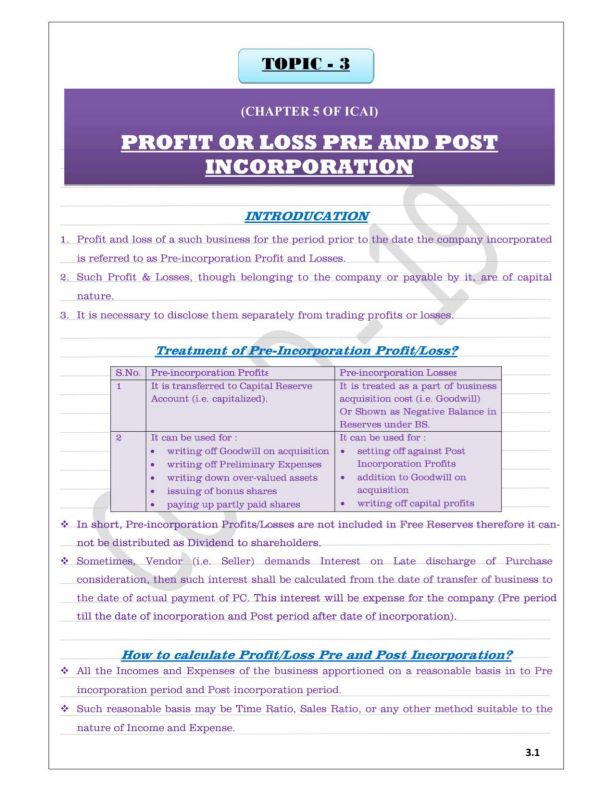 Profit or Loss Pre and Post Incorporation Detailed Notes 