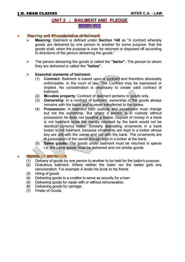 Unit-2 Bailment and Pledge Notes by JK Shah Classes