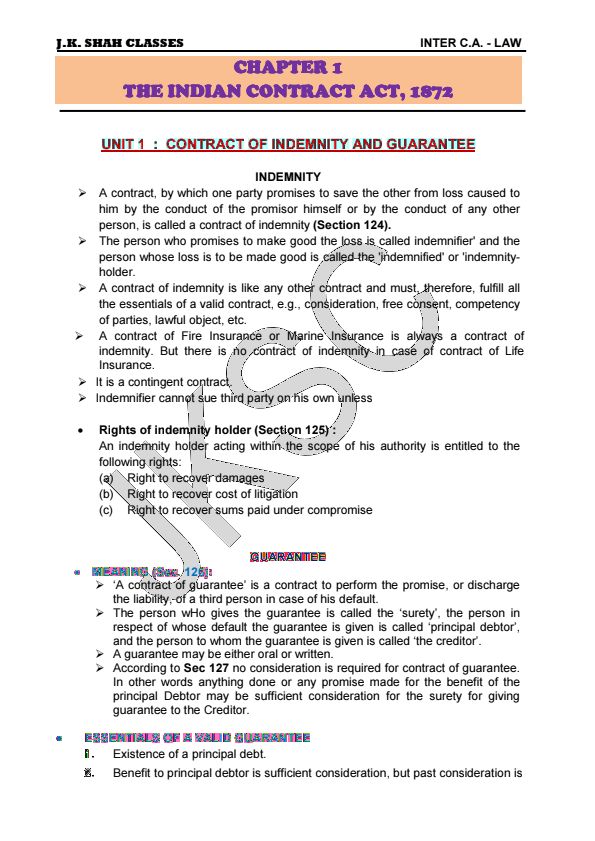 Unit-1 Contract of Indemnity and Guarantee Notes by JK Shah Classes