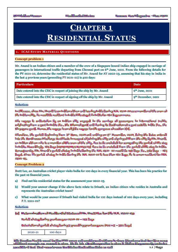 Taxation Chapter 1 Residential Status Compiler by CA Kishan Kumar 