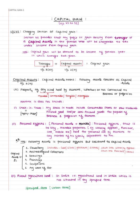 Taxation Capital Gains Notes for Quick Revision and Questions Practice 