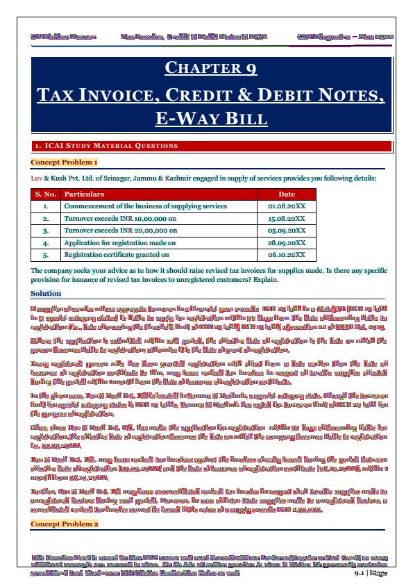 Chapter 9 Tax Invoice, Credit and Debit Notes, E-Way Bill MCQs by CA Kishan Kumar 