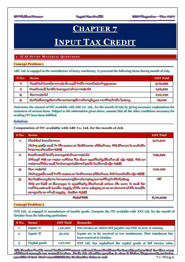 Chapter 7 Input Tax Credit MCQs by CA Kishan Kumar 