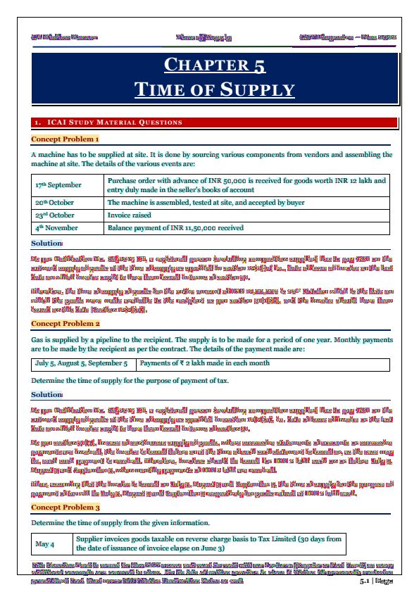 Chapter 5 Time of Supply MCQs by CA Kishan Kumar 