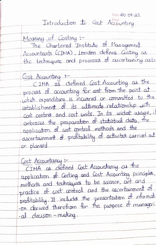 Introduction to Cost Accounting Handwritten Notes