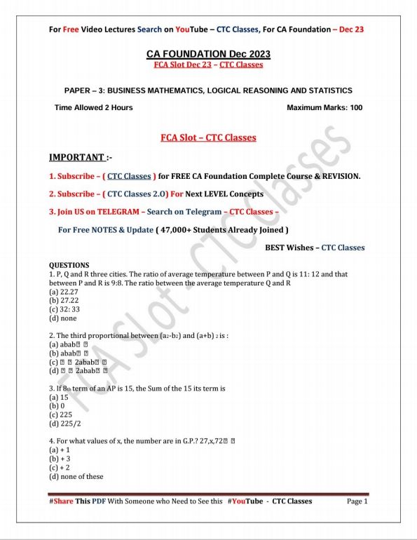 Maths FCA CTC classes mock test paper 