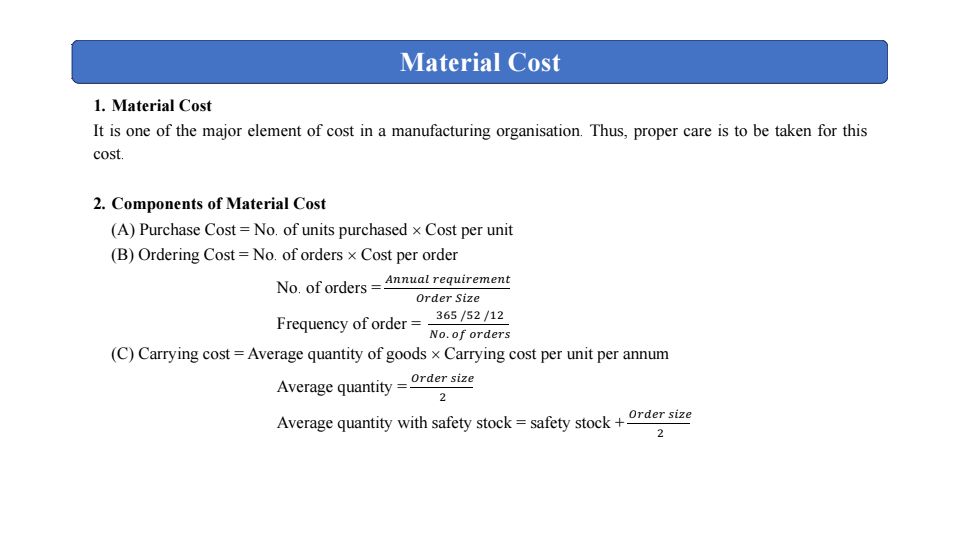 Material cost - summary notes
