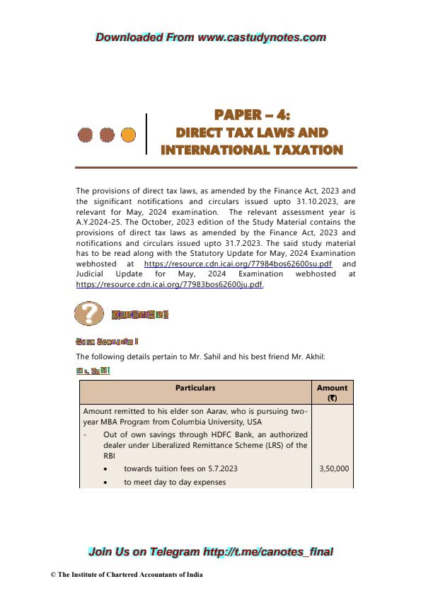 DT & IT notes - Case Scenario 

Direct tax laws dictate taxation on income, profits, and assets within a country. In international tax scenarios, conflicts arise regarding jurisdiction and tax treatment of cross-border transactions, requiring careful consideration of treaties, transfer pricing, and anti-avoidance measures to ensure fair taxation..