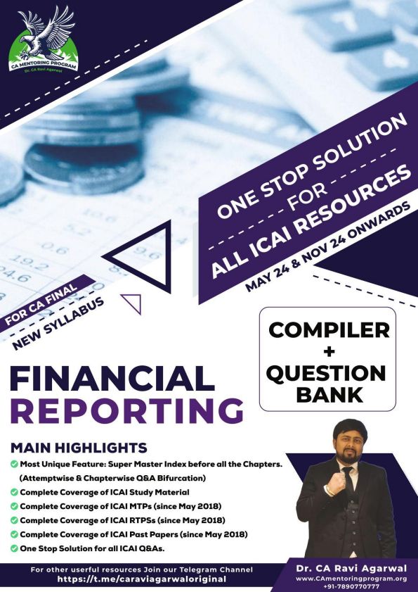 Financial Reporting- Chapter wise Question Bank

A comprehensive financial reporting question bank could cover topics such as accounting standards, financial statement preparation, consolidation, revenue recognition, and disclosure requirements, organized by chapter or topic for ease of study.