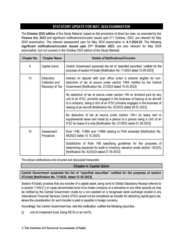 The statutory update for the May 2024 examination includes recent legislative changes relevant to the exam syllabus, ensuring candidates are prepared for any new regulations or amendments.