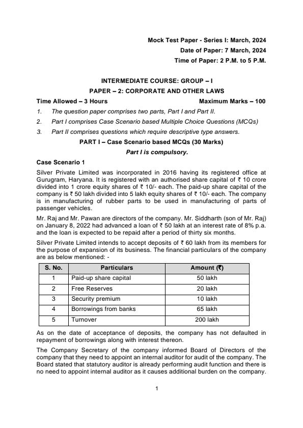Mock Test Paper - Series I: March, 2024