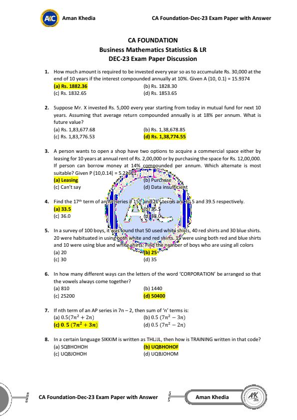 CA-FND (DEC-23 EXAM)
WITH ANSWER KEY