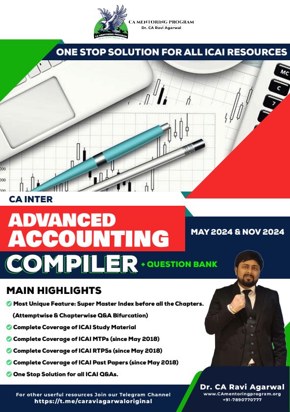 Adv. Accounts compiler with question bank by Dr. CA Ravi Agarwal covering MCQ questions also...
Follow for more.