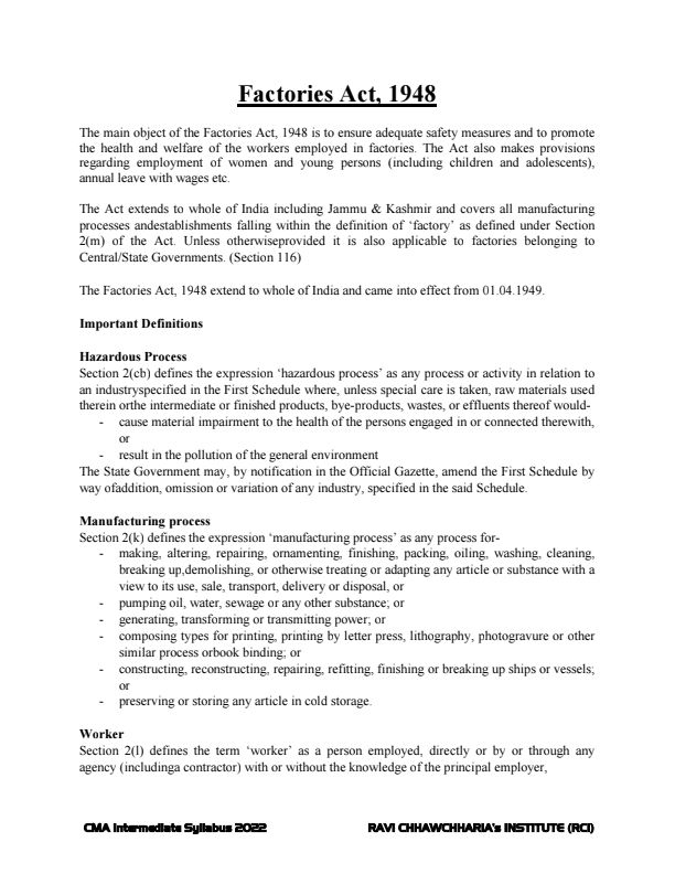 Cma inter factories act notes