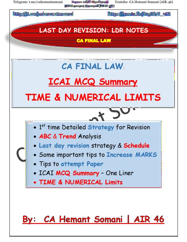 CA Final Law

May 23 & Onwards

?Summary of ICAI Booklet 
& Many other ICAI MCQ's 

?One Liner solutions of MCQ's 

?Important points of All the 
chapters from which MCQ's can 
be asked 

?All important Time & Numeric 
limits summarized  

? Detailed Strategy, LDR strategy etc.
