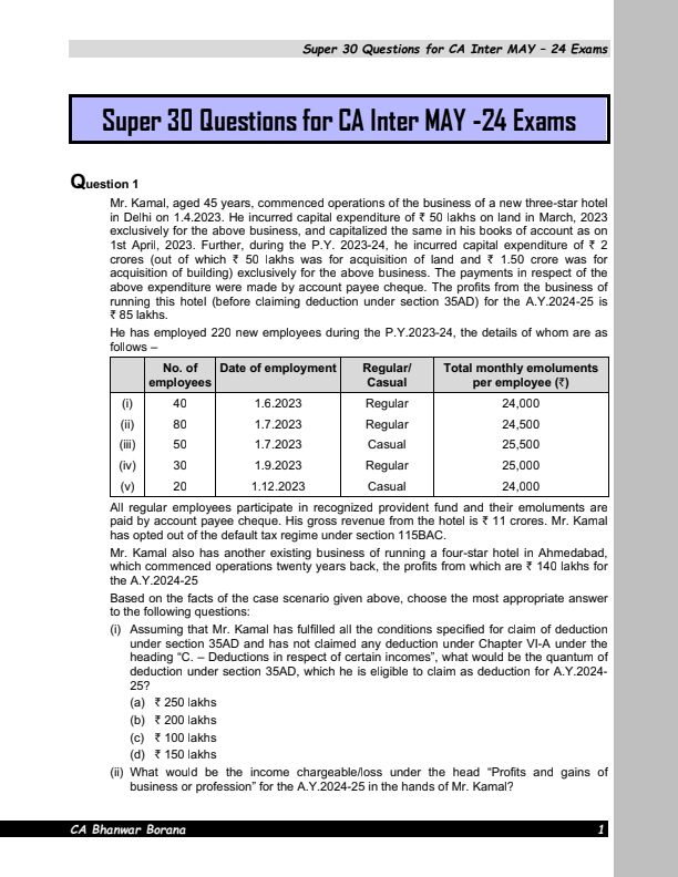 Super 30 Questions alongwith answers of DT for CA Intermediate May 24 Attempt 