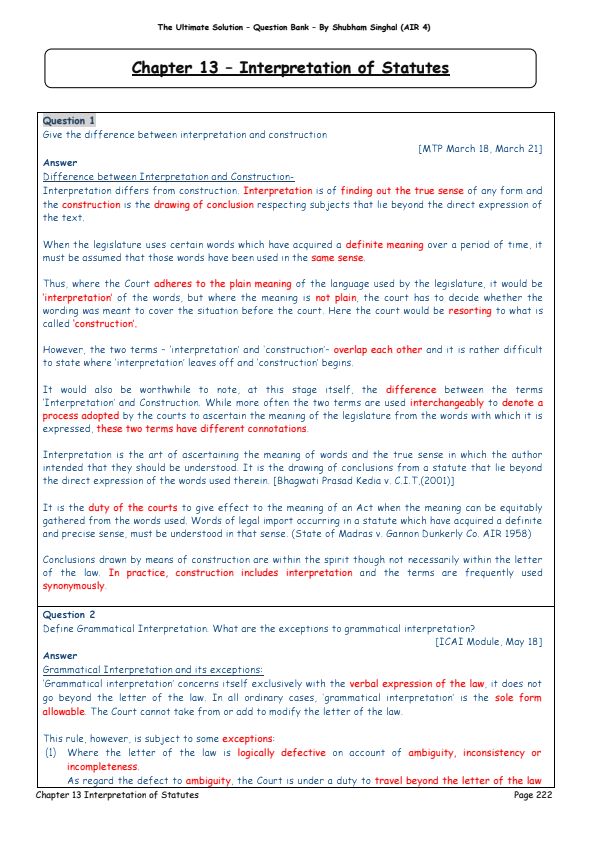 INTERPRETATION of STATUTES QUESTION LIST 