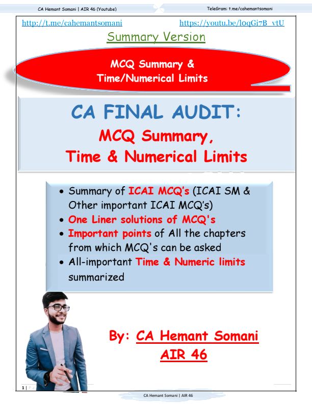 CA Final Advanced Auditing, Assurance & Professional Ethics MCQ summary, Time & Numerical Limits for May 2024 onwards by CA Hemant Somani Sir..??

Follow my Telegram Channel for Free Notes, QB, MCQ and many more.. 

Channel link: https://t.me/cafreenotes