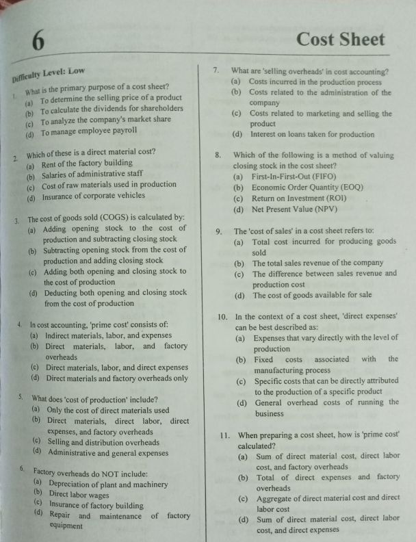 MCQ'S for Cost Sheet 
Dm me for the answer key 