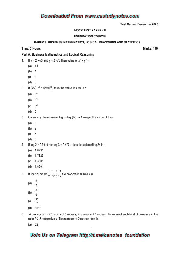 Quantitative Aptitude ? MOCK TEST PAPER ? 100 MCQ 