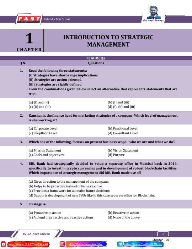 CA INTERMEDIATE

STRATEGIC MANAGEMENT

MCQS AND THEORY QUESTIONS BANK BY CA AMIT SHARMA

