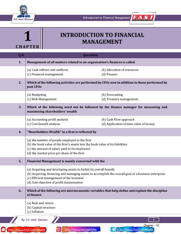 CA INTERMEDIATE

FINANCIAL MANAGEMENT

MCQS AND THEORY QUESTIONS BANK BY CA AMIT SHARMA

