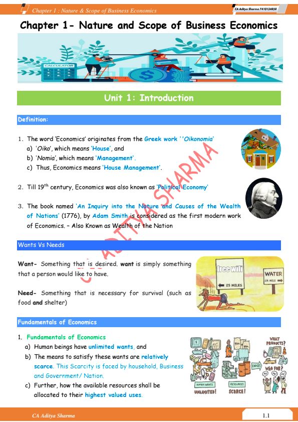 Summary notes | All chapters | CA Aditya Sharma Sir | Latest edition | New Syllabus | Business Economics | CA Foundation 