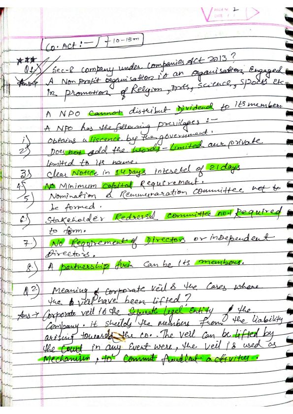 Companies Act handwritten direct question and answers
