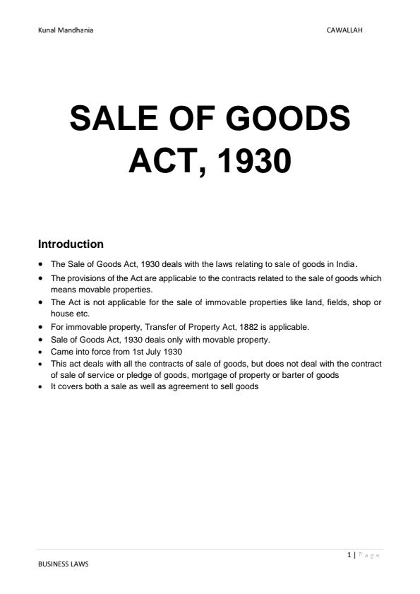 important notes for sale of goods act,1930 pdf all unit 1 to 4  