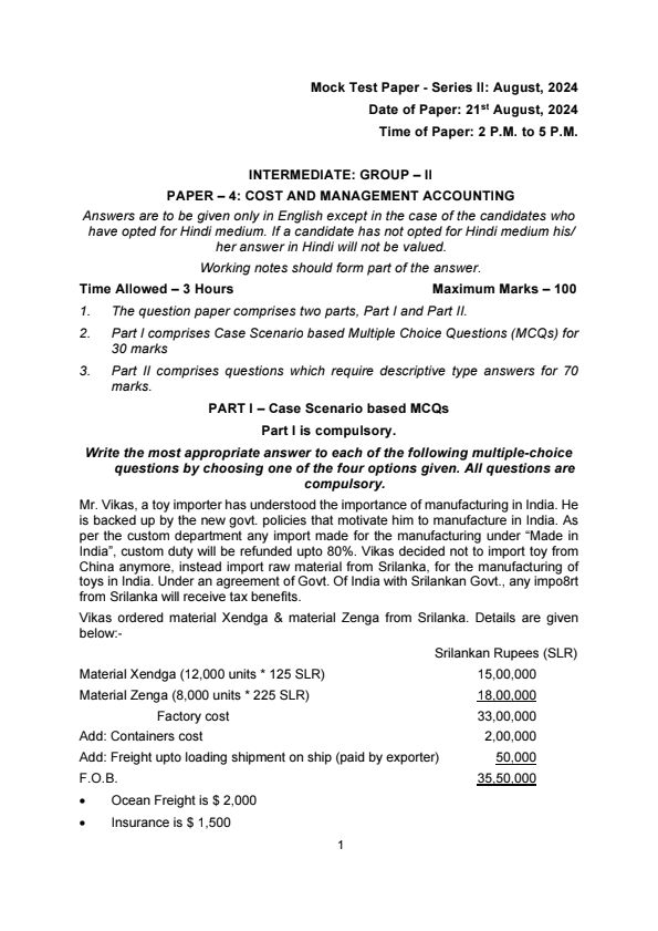 Sep-24: MTP SERIES-II 
Paper-4: Costing !!! 