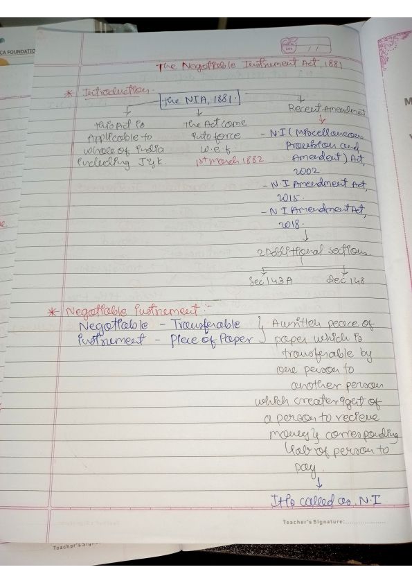 Negotiable instrument handwritten notes detailed 