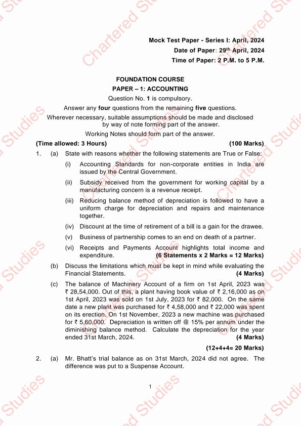 Mock test paper series 1 , 2024 accounts..