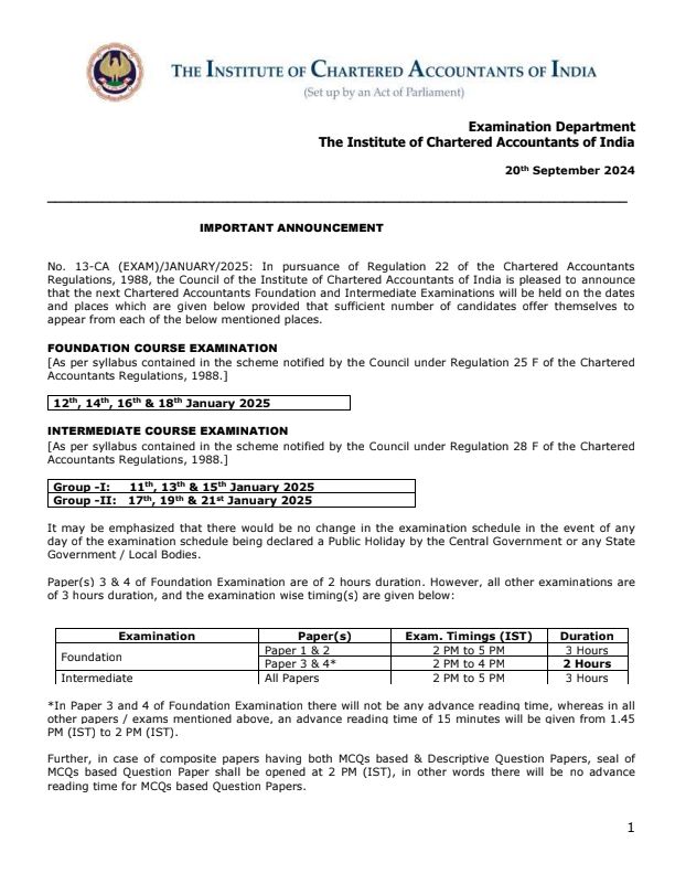 CA INTER Jan25 Exam Datesheet ✅
