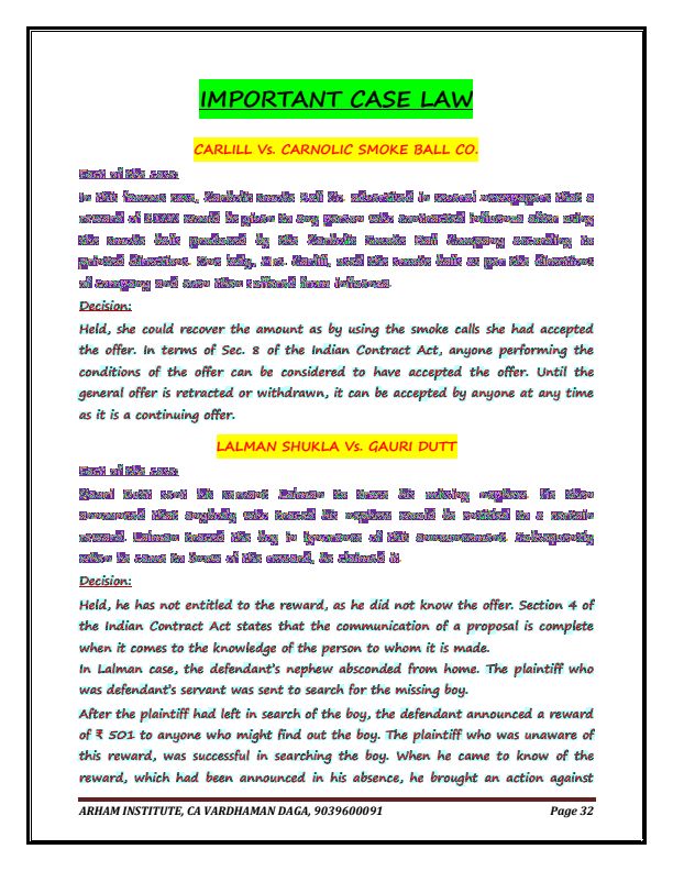 Business Law Important Case Law  list for CA Foundation 