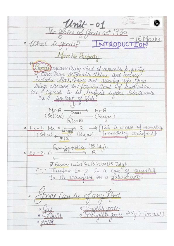 Handwritten Notes of The Sales of Goods Act,1930  for CA foundation 