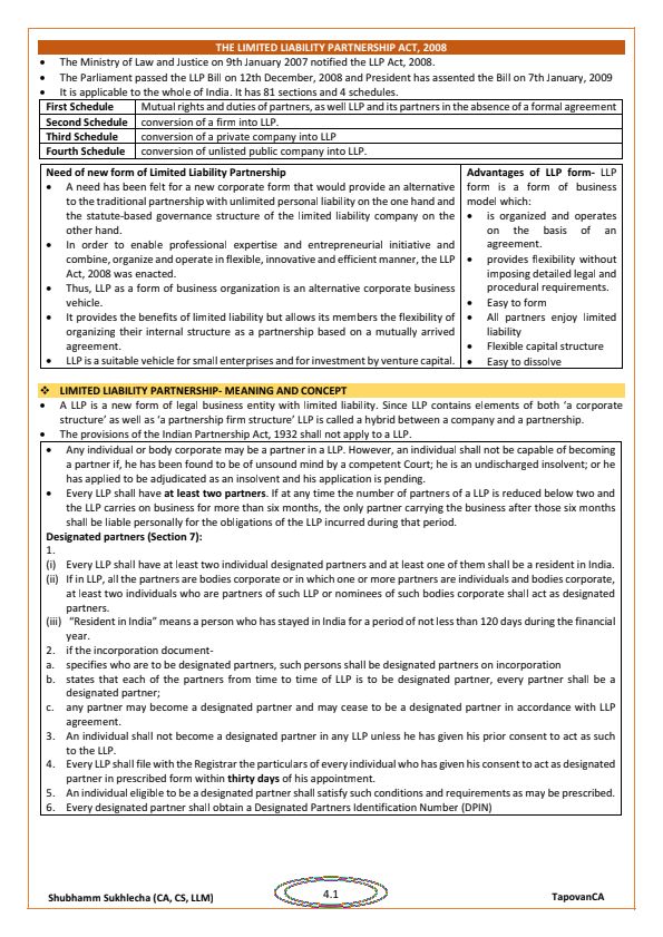 LLP Act,2008 Notes pdf for CA Foundation 
