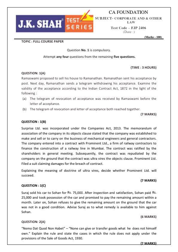 Law Practice Test Paper of Indian Contract Act Unit - 1 & Unit - 2