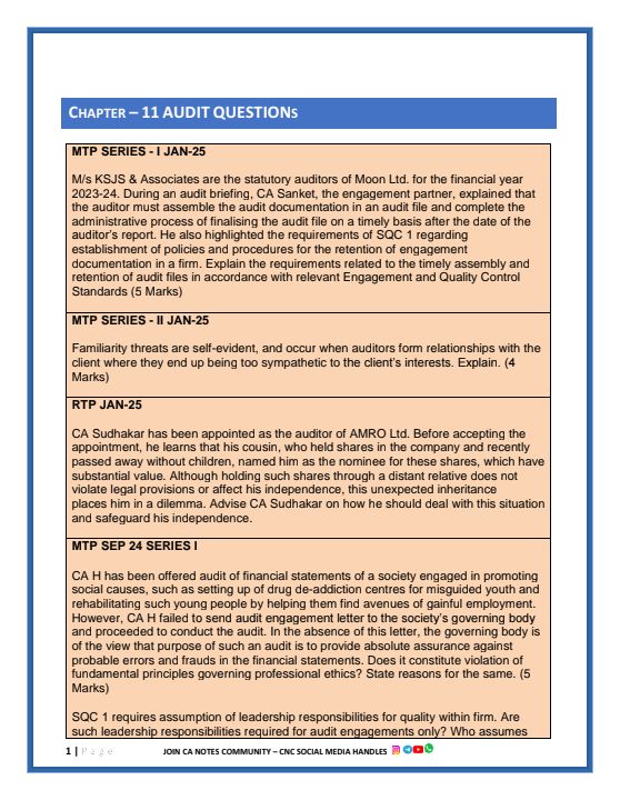 What we covered 

MTP SERIES - I & II ( JAN 25, SEP 24, MAY 24)

RTP ( JAN 25, SEP 24, MAY 24)

PYQ (SEP 24, MAY 24)

WEIGHTAGE OF CH-11 AUDIT ( 8-10 MARKS INCLUDING MCQ)

Send ur answer at by 9 PM Tomorrow canotescommunity@gmail.com

Best presentation will be rewarded with ₹ 51/-