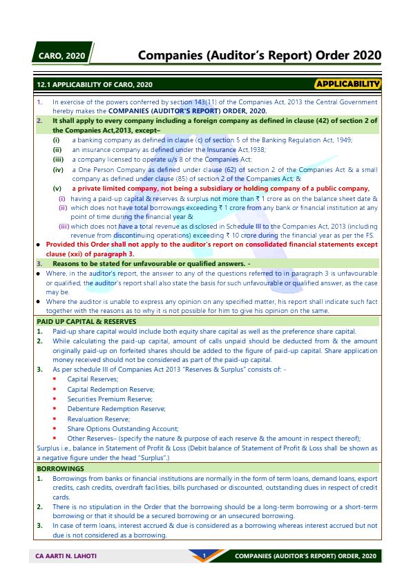 CARO 2020 Notes For Complete Coverage By CA Aarti Lahoti 