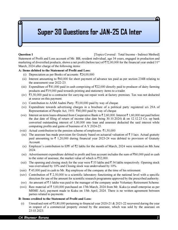 Super 30 Questions for JAN-25 CA Inter by CA Bhanwar Borana