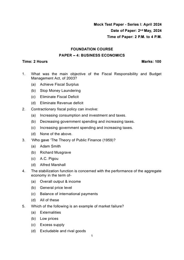 Mock Test Paper I June 2024 For Practice