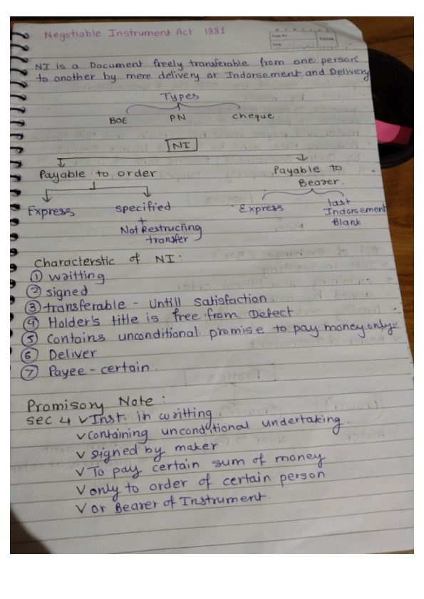 The Negotiable Instrument act 1881 

Handwritten notes 

