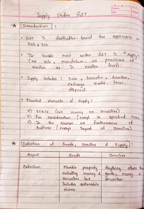 Chapter 2 : Supply under GST handwritten summary notes.

Please let me know if you want  mnemonic or further exam tips on this chapter.