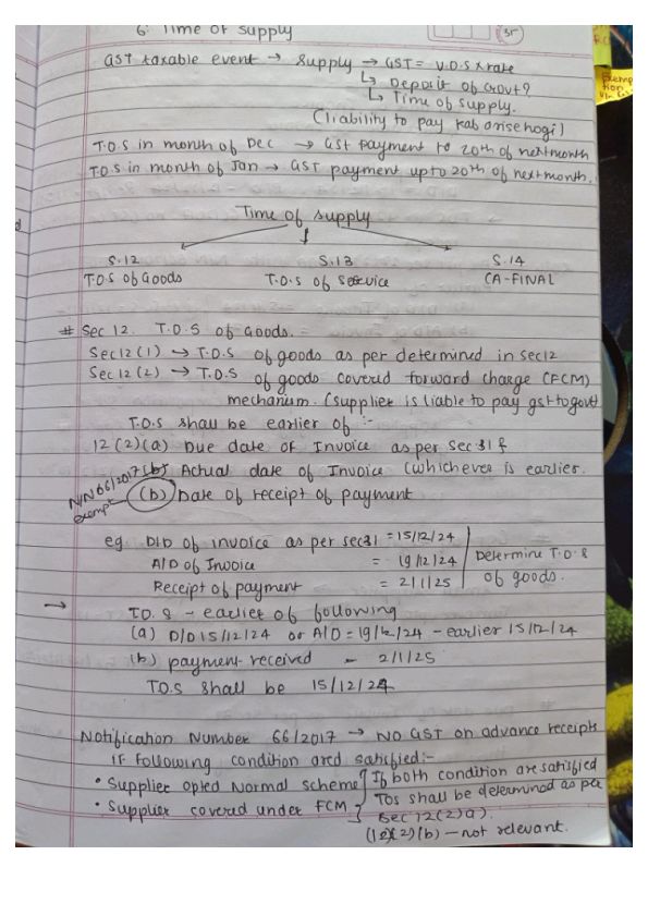 Indirect tax GST 
Chp 6 : TIME OF SUPPLY 
HANDWRITTEN NOTES may 25 onwards 
Follow for all the notes