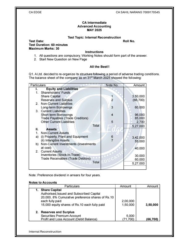 Internal Reconstruction Test Question Paper for practice
Solutions will be uploaded soon 