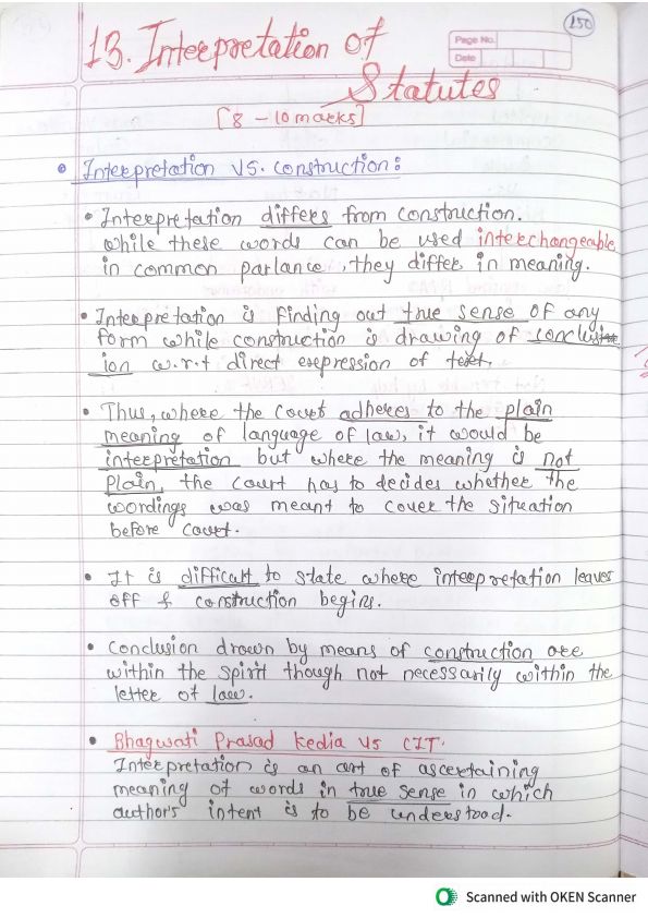 Handwritten notes 
Interpretation of statute 
By shubham singhal