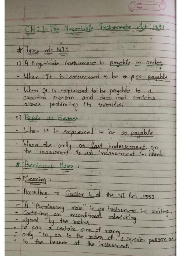 Business Law
Ch 7 Negotiable Instrument Act, 1881
Summary notes
Quick revision