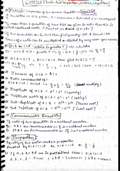 Quick formula revision cheat notes of Ratios & Proportions,Indices, Logarithms 