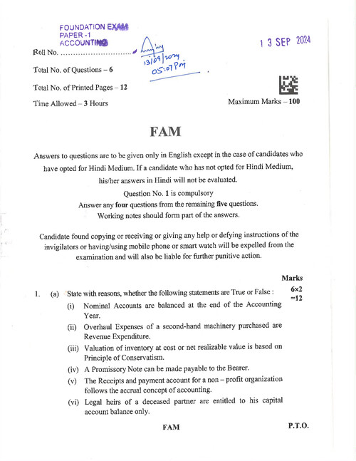 CA Foundation examination past question paper SEPT 2024