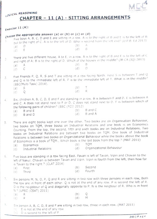 Sitting Arrangement Quantitative aptitude CA Foundation MCQ practice questions 